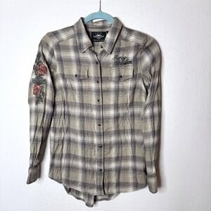 Harley Davidson‎ Womens Plaid Flannel Shirt XS Beige Gray Embroidered Flower